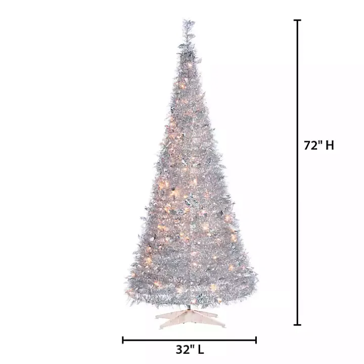 6 ft. Pre-Lit Silver Tinsel Pop-Up Christmas Tree