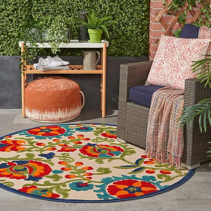 Abstract Floral Outdoor Round Area Rug, 5 ft.