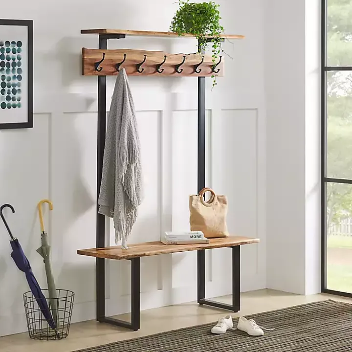 Acacia Wood Modern Storage Hooks Hall Tree