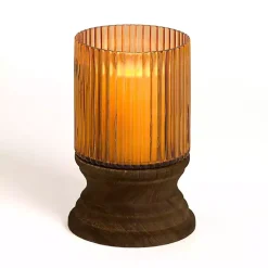 Amber Glass and Wood Hurricane, 8 in.