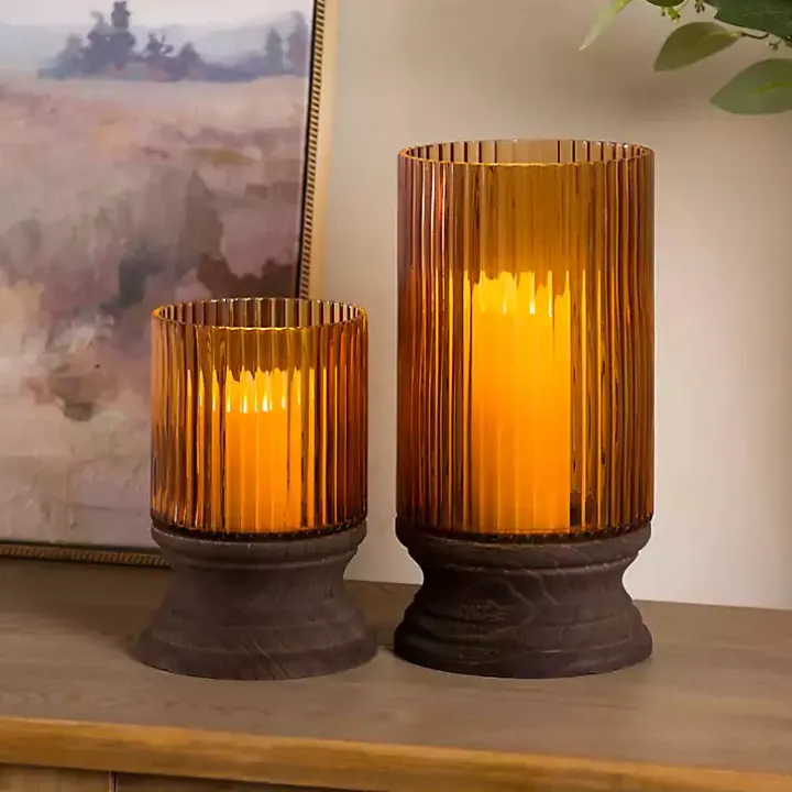 Amber Glass and Wood Hurricane, 13 in.