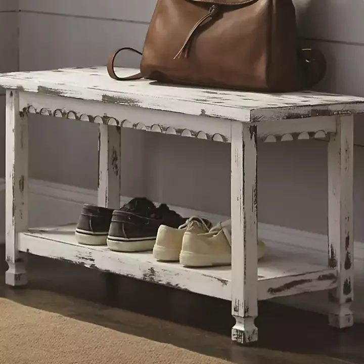 Antiquated White Farmhouse Shelf Bench