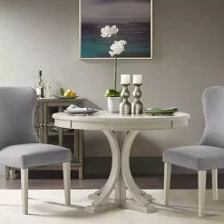 Antique Cream Wood Pedestal Round Dining Table