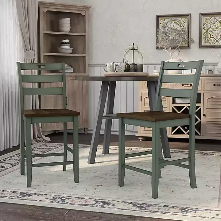 Antique Green Wood Counter Stools, Set of 2