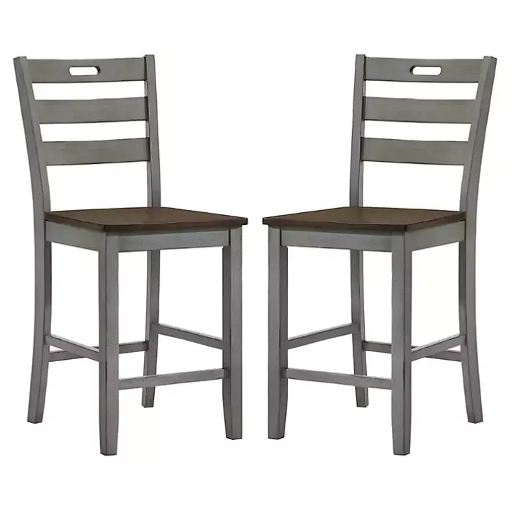 Antique Light Gray Wood Counter Stools, Set of 2