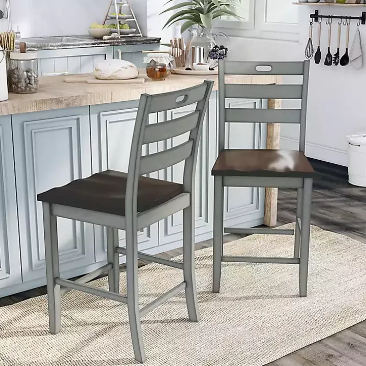 Antique Light Gray Wood Counter Stools, Set of 2