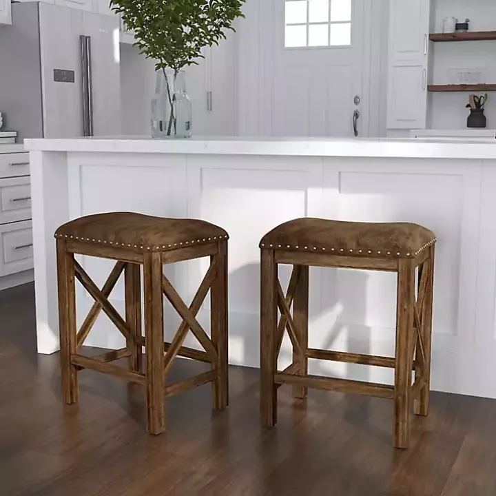 Antique Walnut Faux Leather Stools, Set of 2