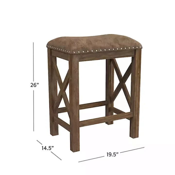 Antique Walnut Faux Leather Stools, Set of 2