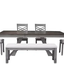 Antique White Upholstered Gray Wood Dining Bench