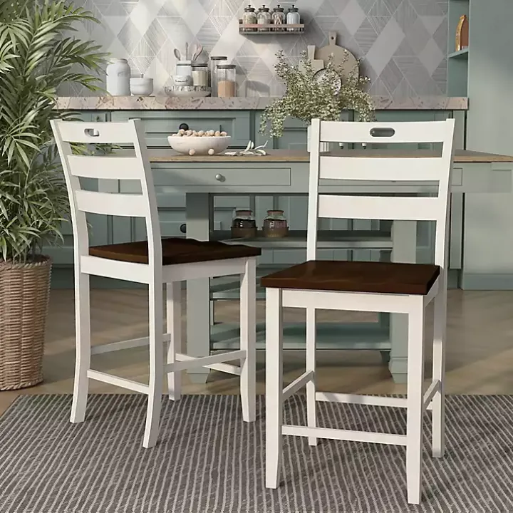 Antique White Wood Counter Stools, Set of 2