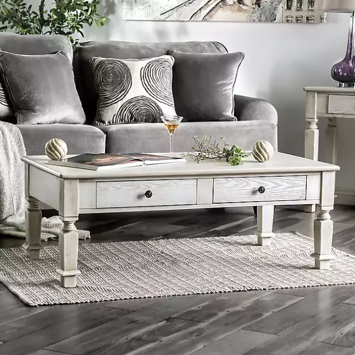 Antique White Wood 4-Drawer Heather Coffee Table