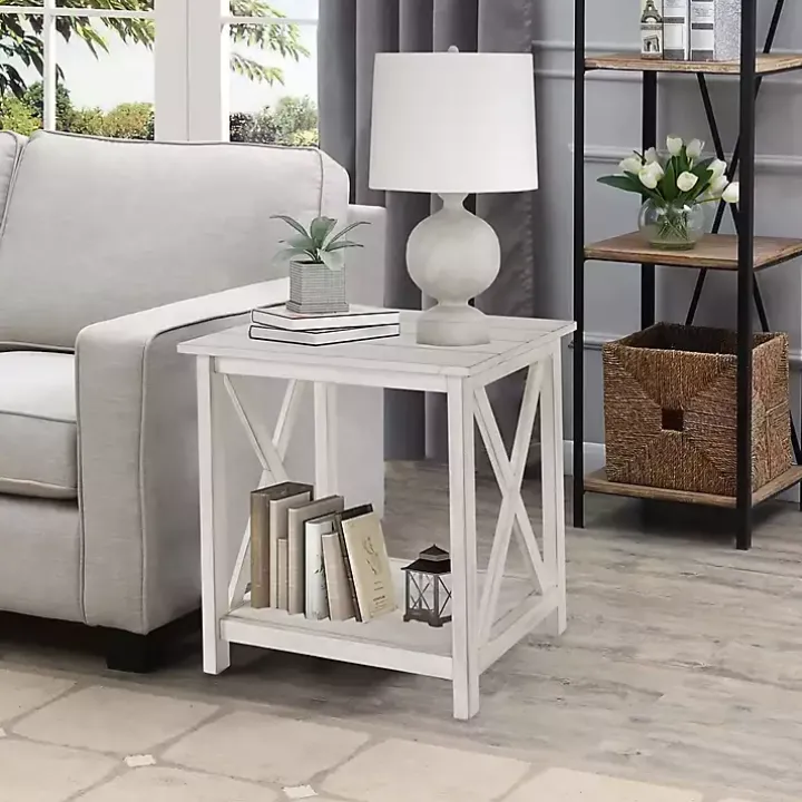Antique Whitewashed Wood Square Side Table