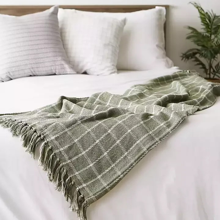Artichoke Green Plaid Fringed Throw