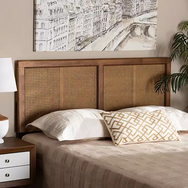 Ash Walnut Wood Rattan Frame King Headboard