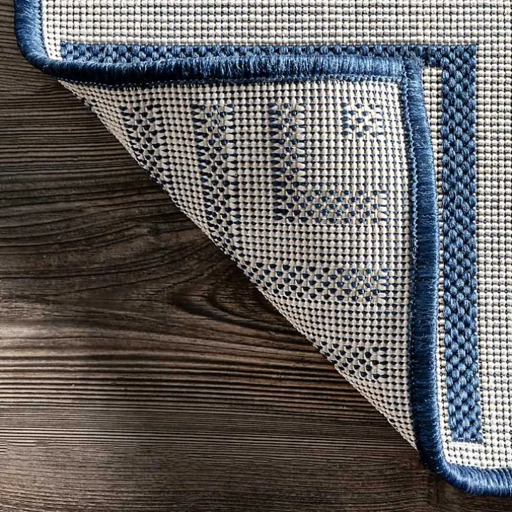 Asia Blue Stripe Border Outdoor Rug, 5x8