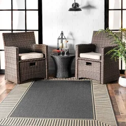 Asia Gray Stripe Border Outdoor Rug, 8x10