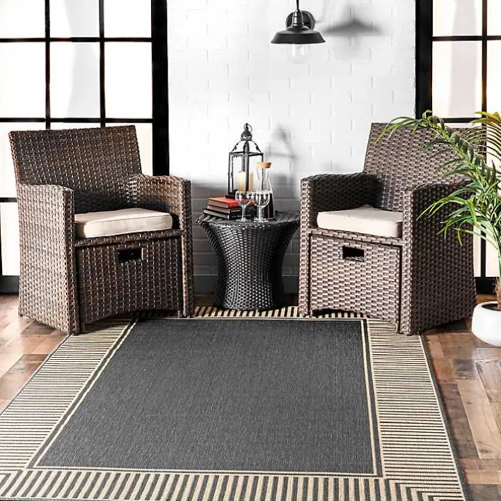 Asia Gray Stripe Border Outdoor Rug, 8x10