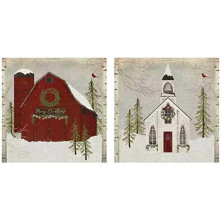Barn and Church Canvas Art Prints, Set of 2
