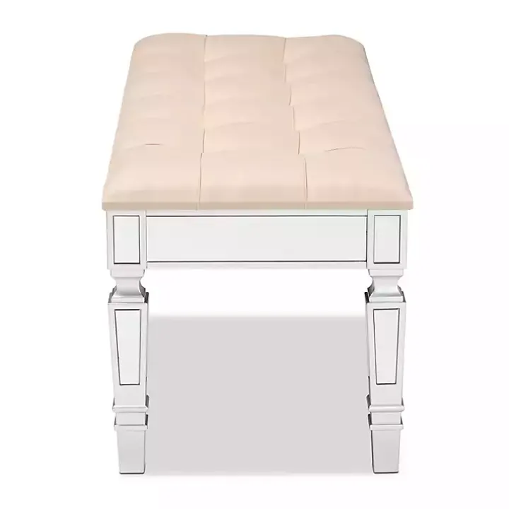 Beige Button Tufted Bench with Mirrored Base
