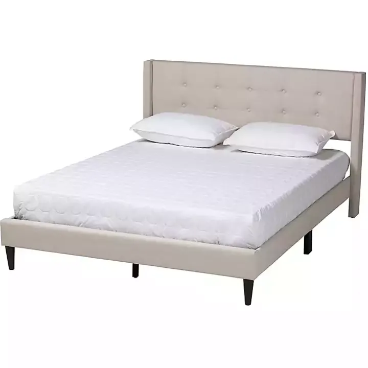 Beige Button Tufted Headboard Queen Bed Frame