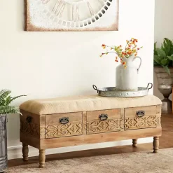 Beige Upholstered Acanthus Carved Wooden Bench