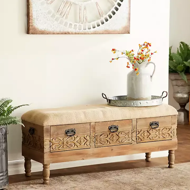 Beige Upholstered Acanthus Carved Wooden Bench