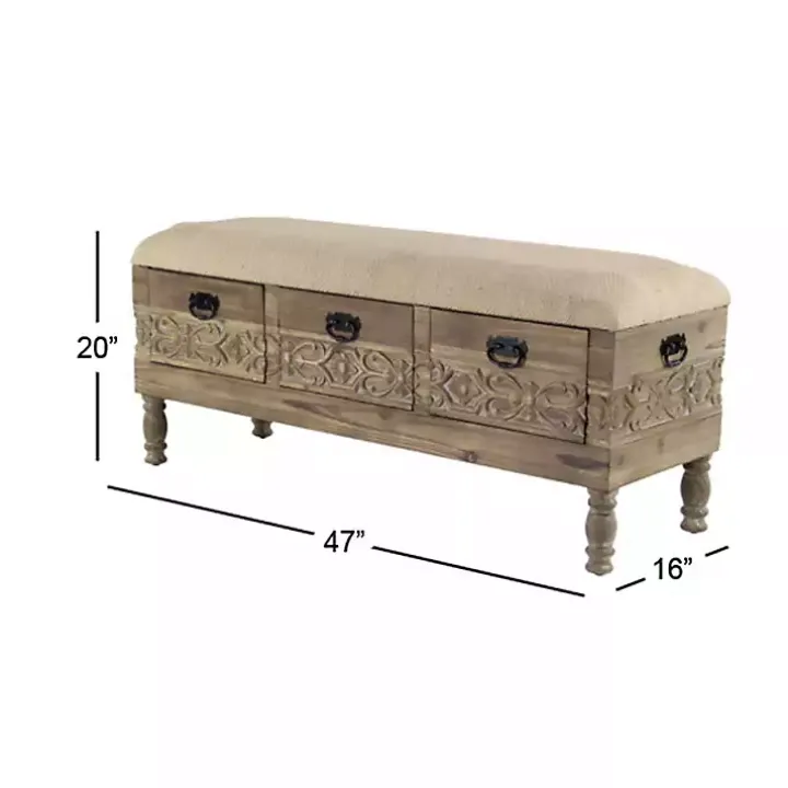 Beige Upholstered Acanthus Carved Wooden Bench