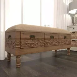 Beige Upholstered Acanthus Carved Wooden Bench
