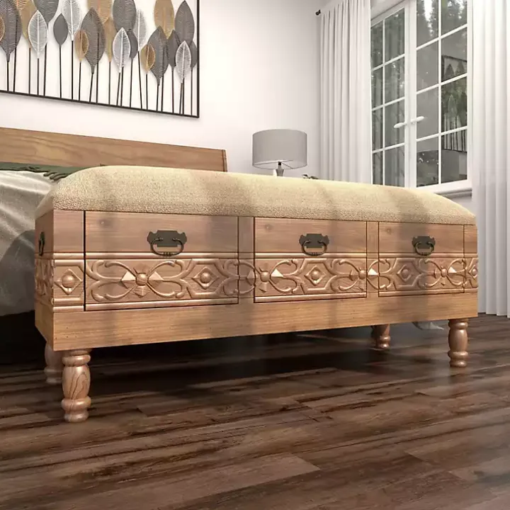 Beige Upholstered Acanthus Carved Wooden Bench