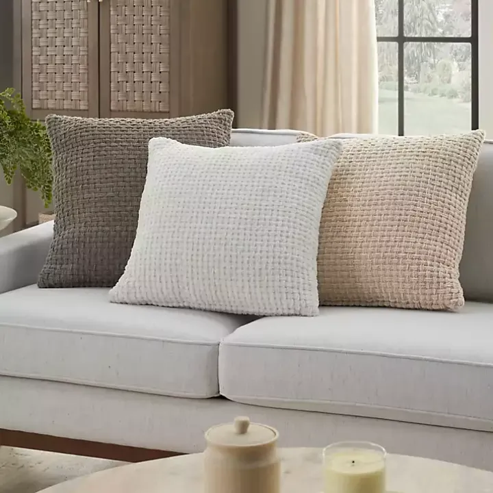Beige Waffle Knit Chenille Throw Pillows, Set of 2