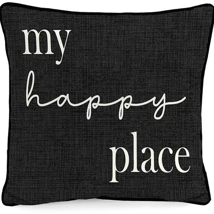 Black & White My Happy Place Outdoor Pillow