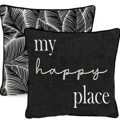 Black & White My Happy Place Outdoor Pillow