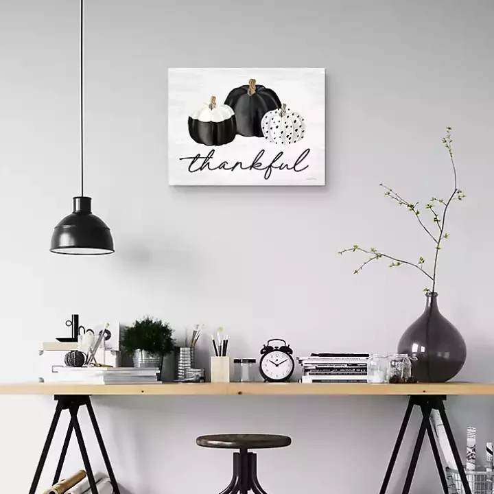 Black & White Pumpkins Thankful Canvas Art Print