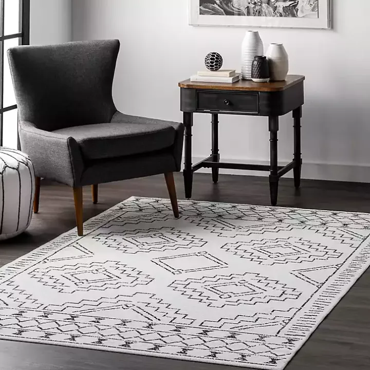 Black and Ivory Moroccan Washable Area Rug, 3x5