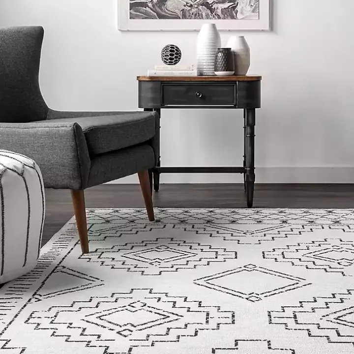 Black and Ivory Moroccan Washable Area Rug, 5x8