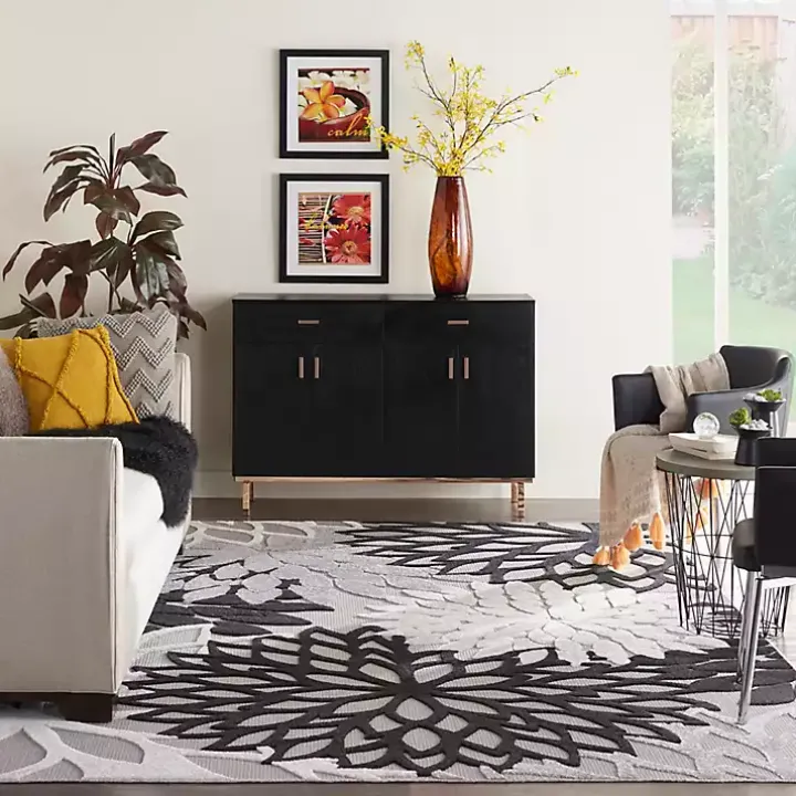 Black and White Floral Outdoor Area Rug, 7x10