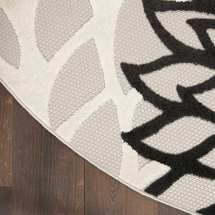 Black and White Floral Round Outdoor Area Rug, 5x5