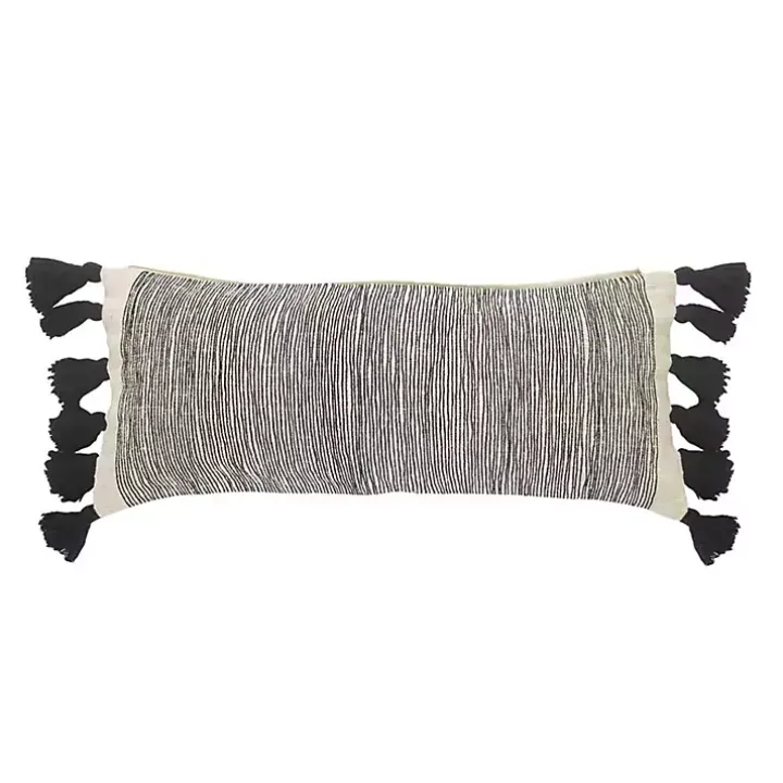 Black and White Striped Lumbar Pillow with Tassels