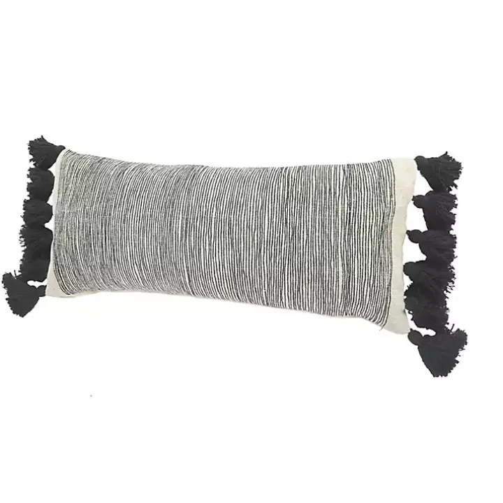 Black and White Striped Lumbar Pillow with Tassels