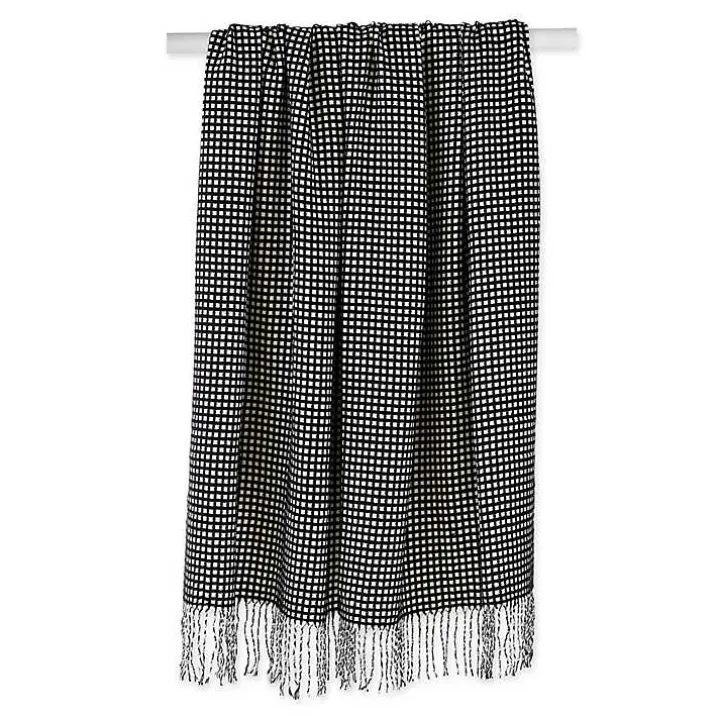 Black and White Waffle Knit Fringe Throw