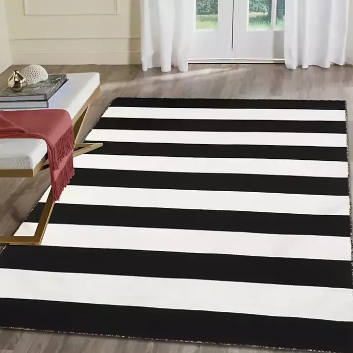 Black Cabana Stripe Indoor/Outdoor Area Rug, 7x9