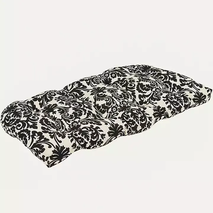 Black Damask Tufted Outdoor Settee Cushion