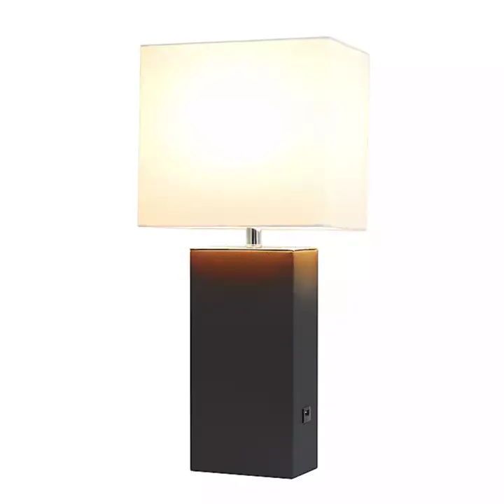 Black Faux Leather Charging Table Lamp