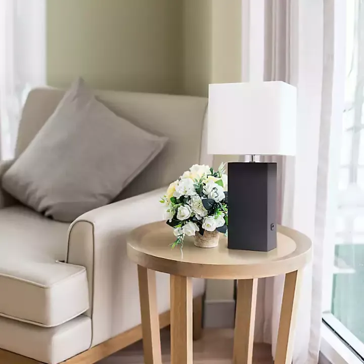 Black Faux Leather Charging Table Lamp