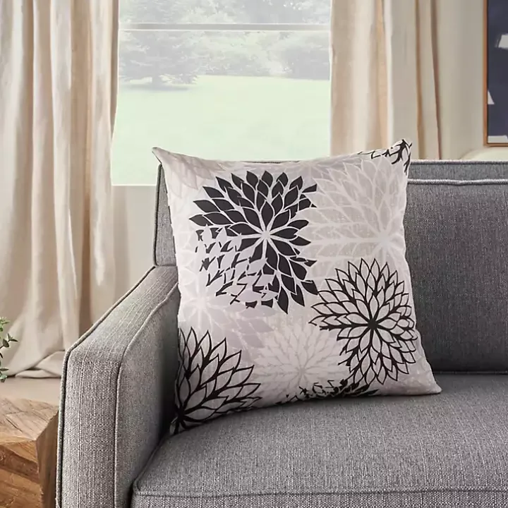 Black Floral Chevron Outdoor Throw Pillow
