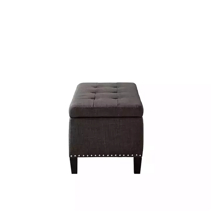 Black Linen Button Tufted Storage Bench