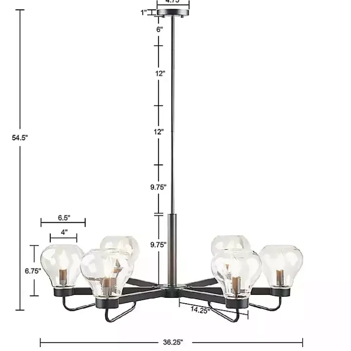 Black Metal & Bowl Glass Shade 6-Light Chandelier