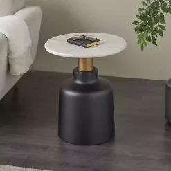 Black Metal & Marble Pedestal Accent Table