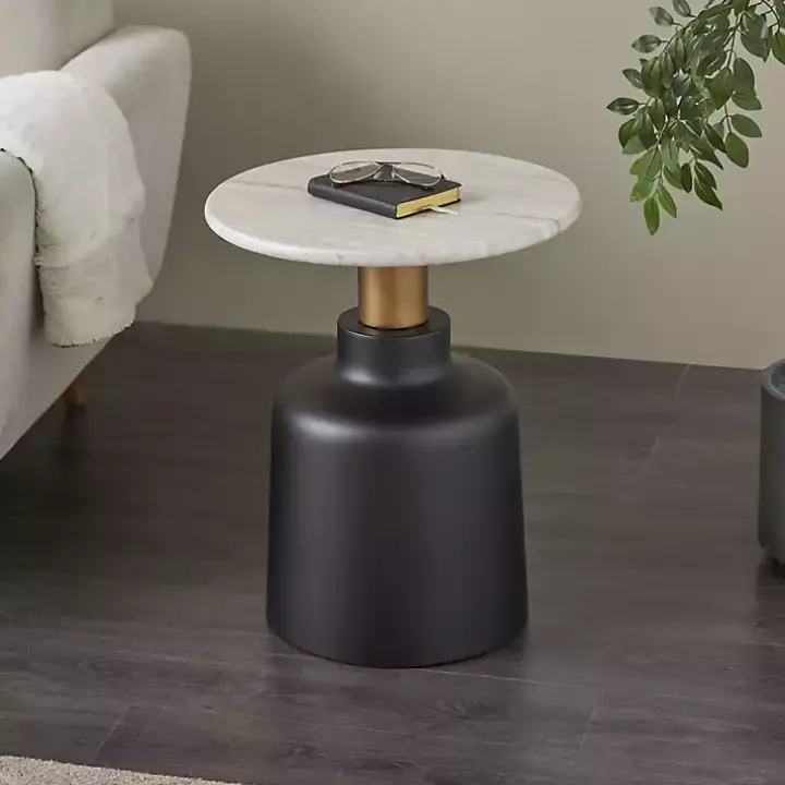 Black Metal & Marble Pedestal Accent Table