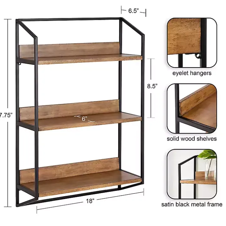 Black Metal & Rustic Wood Tiered Wall Shelf